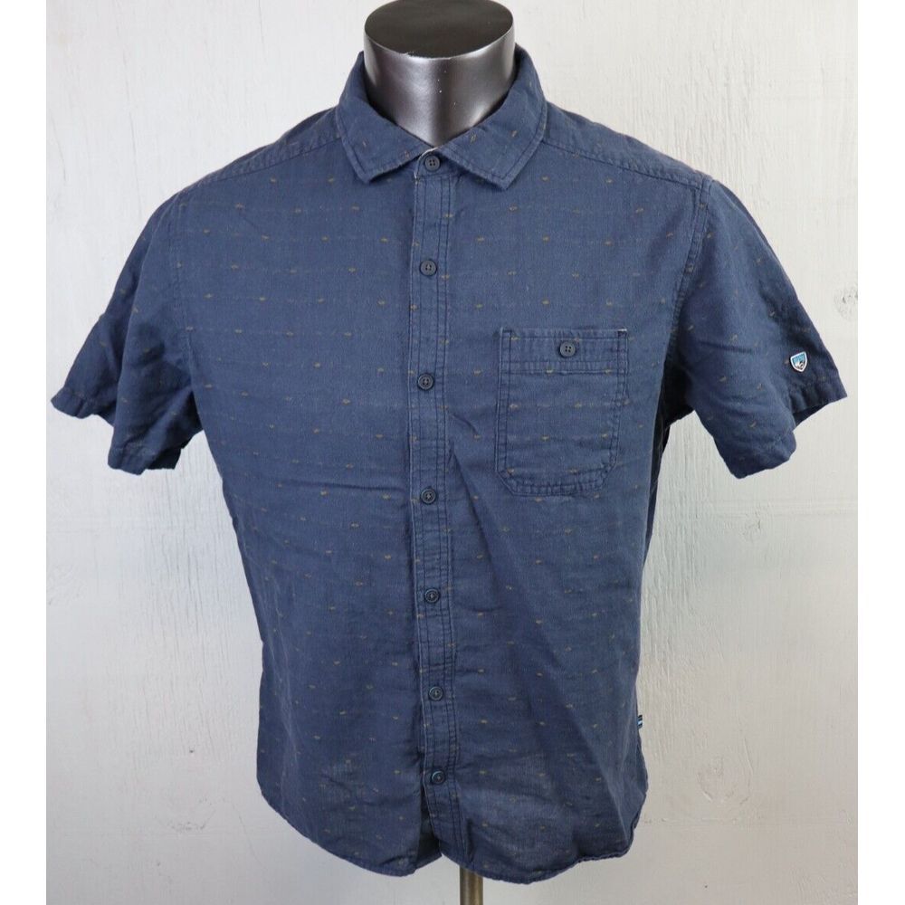 Mens KUHL Short Sleeve Button Front Shirt Blue Geometric Size‎ L Linen Blend